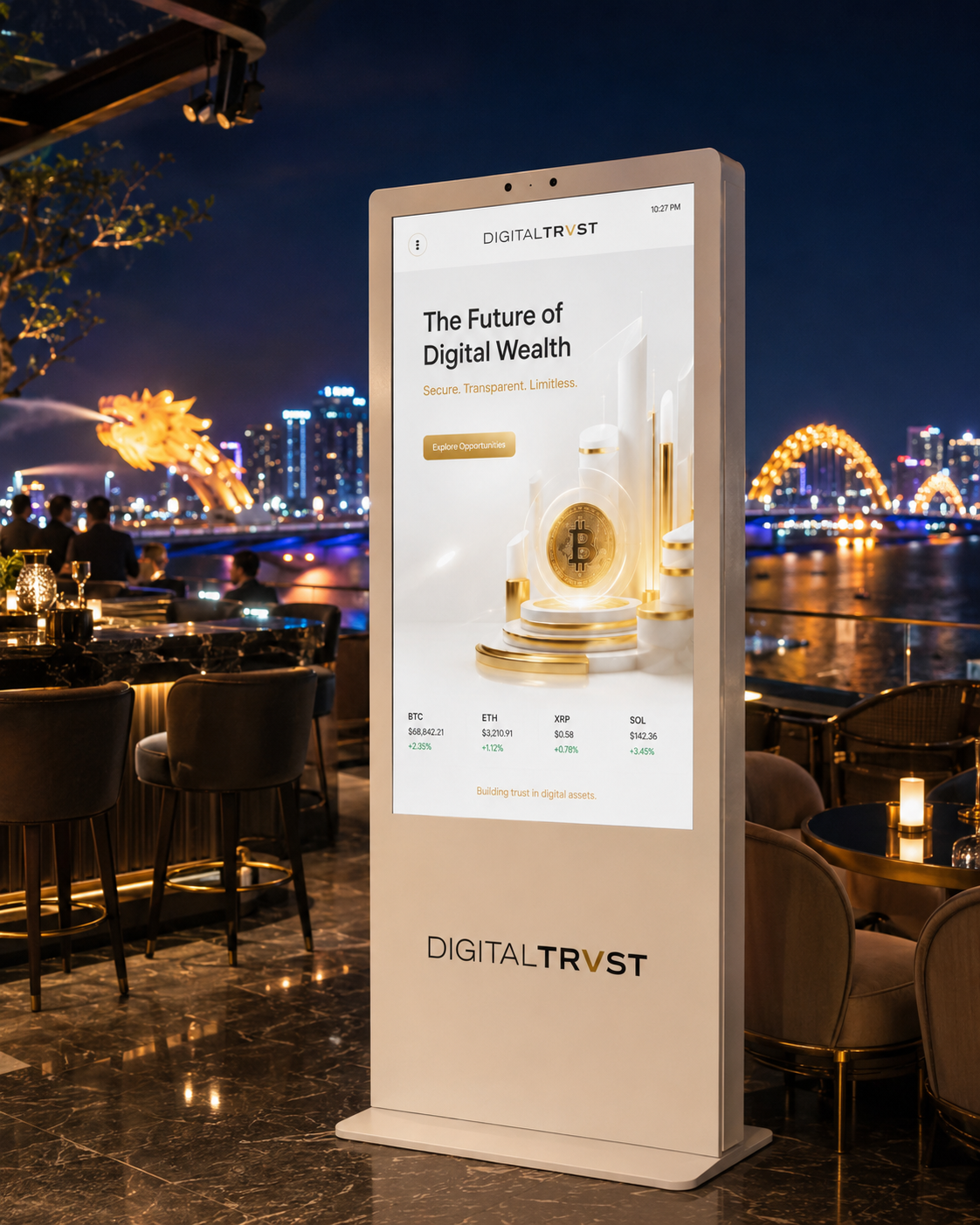 Digital Trvst kiosk — white screen, yacht-bar venue at night, Da Nang